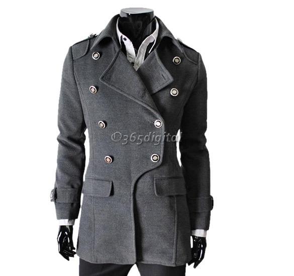 Mens Style Woolen Blends Double breasted Parka coat overcoat 3 color 