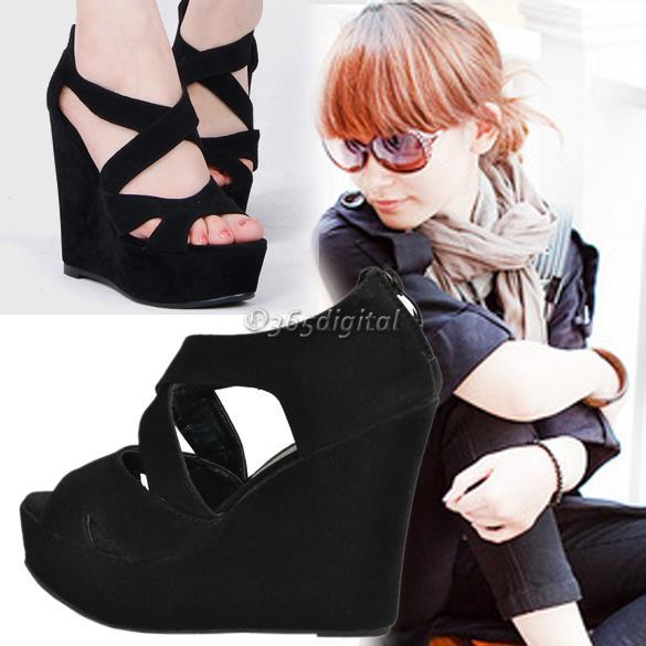 NEW WOMEN'S SUEDE PLATFORM WEDGE STRAPPY SANDALS ANKLE HEEL BOOT Zip Peep Toe  